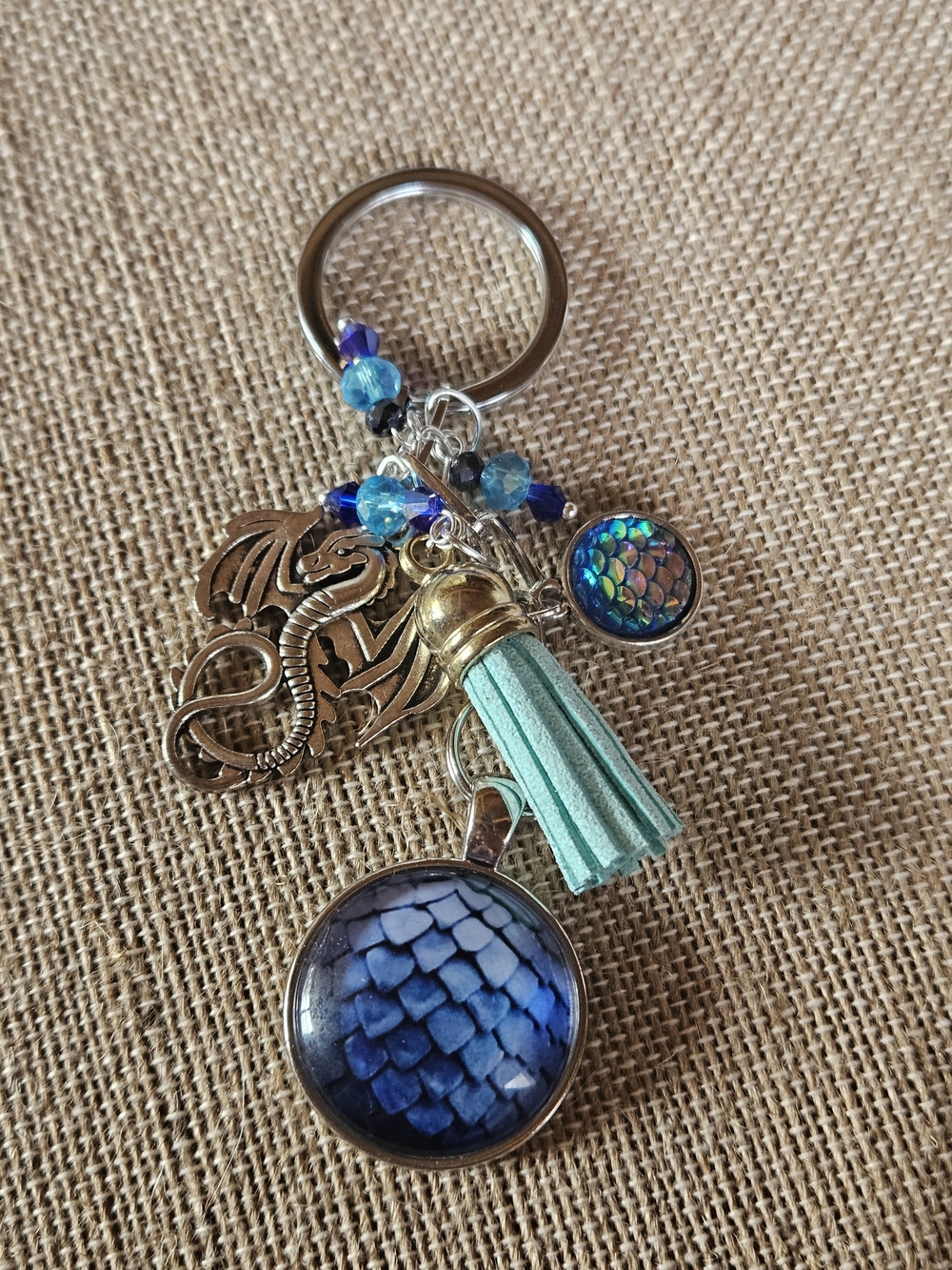 Blue Dragon Scale Keychain with Aqua Tassel - Picture 3 of 6